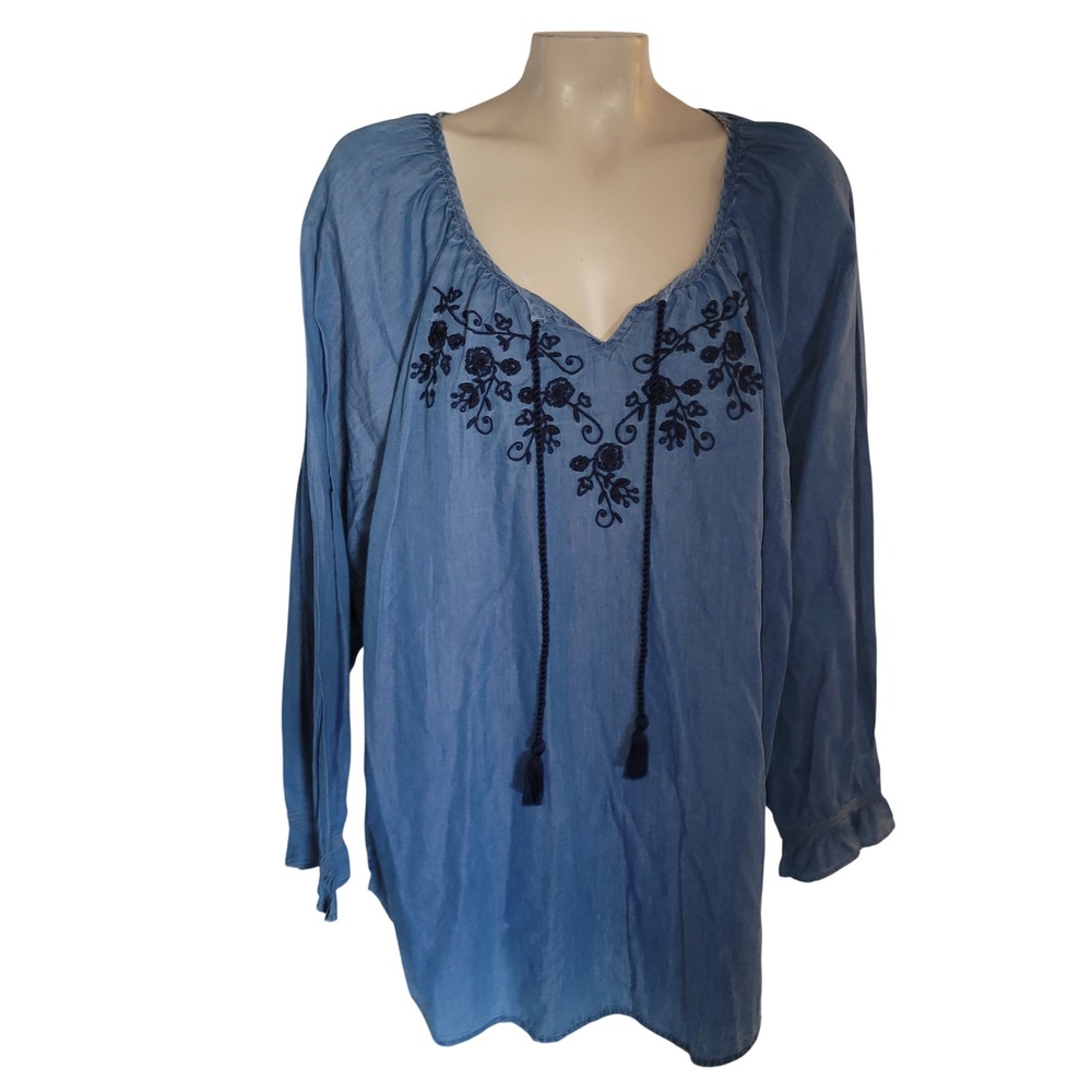 Catherines 2X Blue Chambray Embroidered‎ Tassel V Neck Long Sleeve Top Shirt